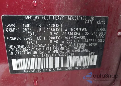 2016 Subaru Outback 2.5I Premium z USA, uszkodzony, nr VIN 4S4BSAFC7G3278098